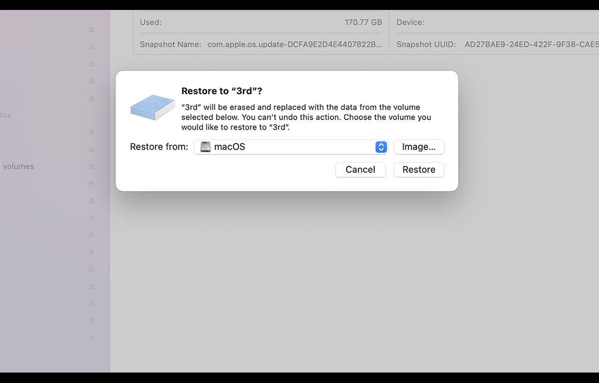Screenshot of restore option in Mac Disk Utility