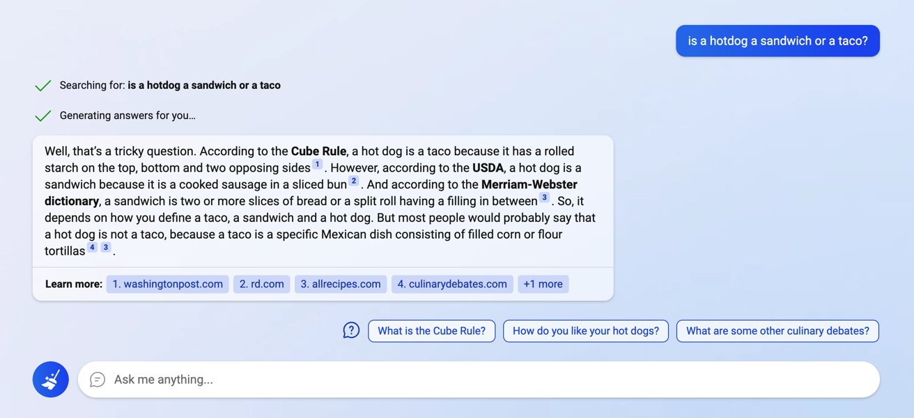 Is a hotdog a sandwich or a taco? Bing tries to answer that.
