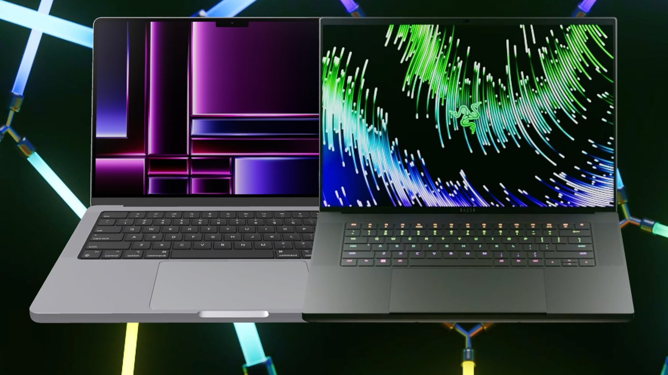 Razer Blade 16 vs MacBook Pro 16 inch | 2023 laptops side by side on neon light background