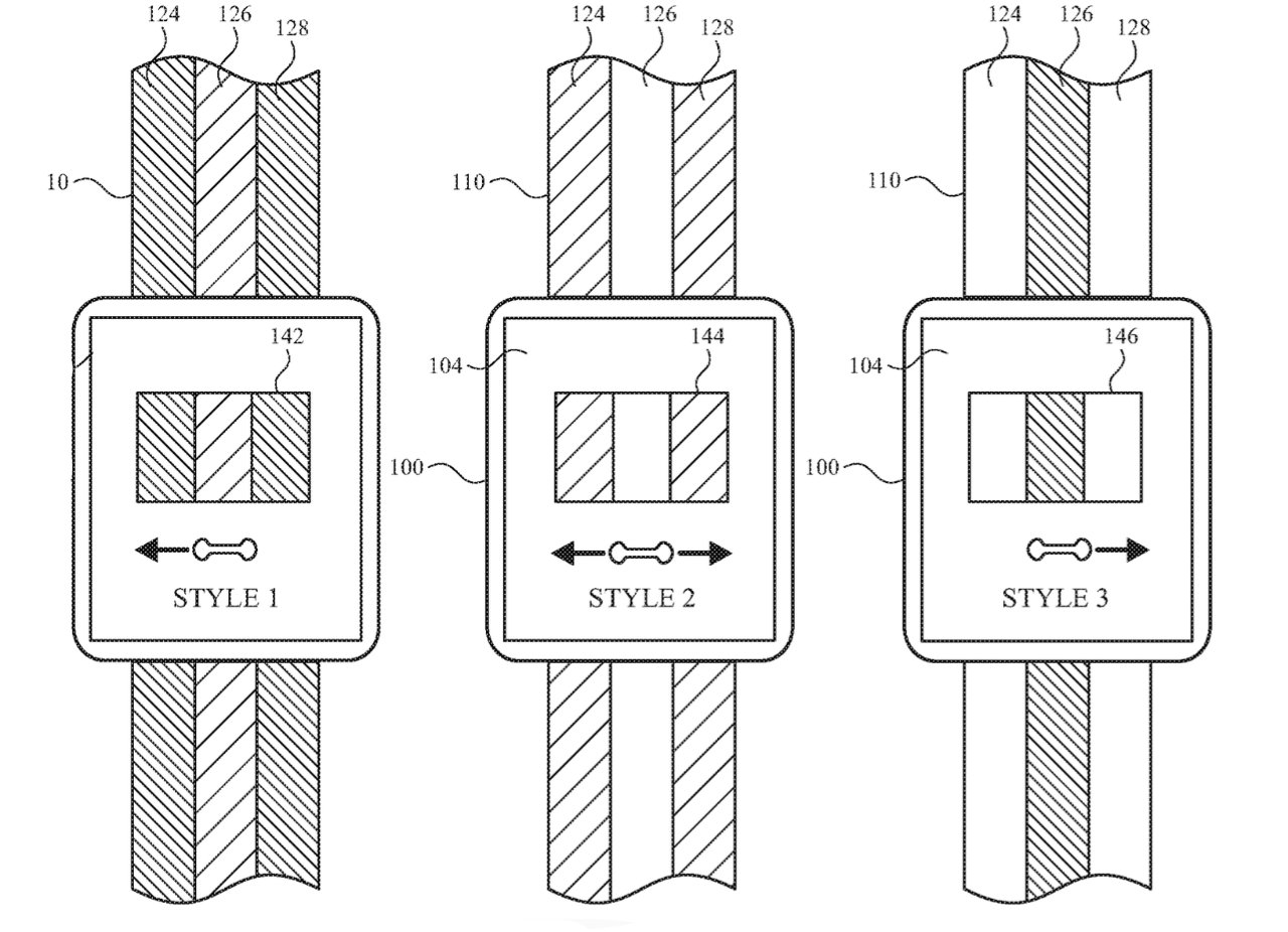 Detail from the patent showing how a user could swipe on Apple Watch to change band color