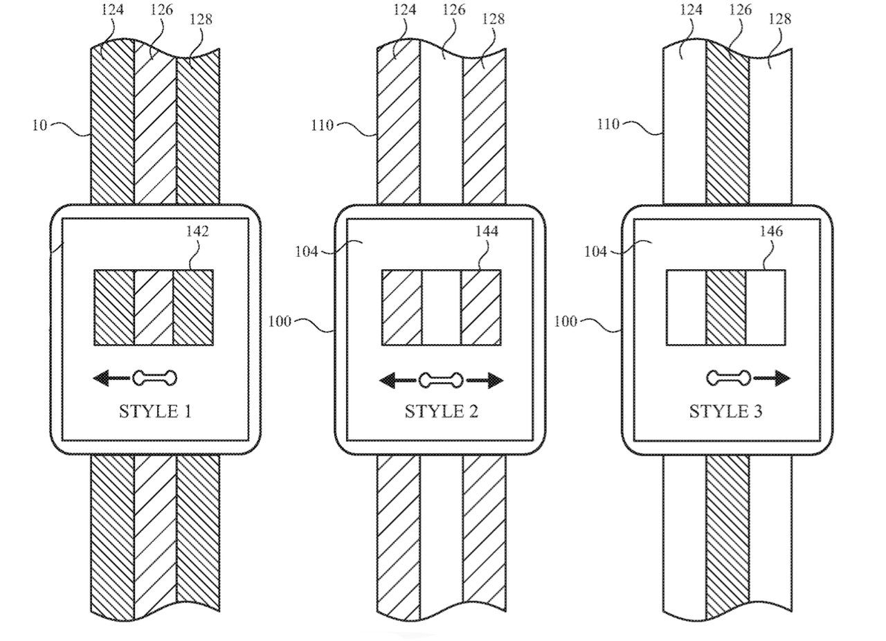 Деталь із патенту, яка показує, як користувач може провести пальцем по Apple Watch, щоб змінити колір ремінця