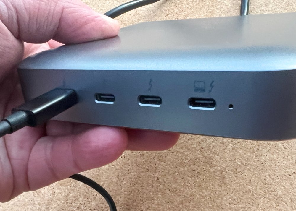 Three ports are 40Gb downstream for peripherals, while the fourth is where you plug your Mac into.