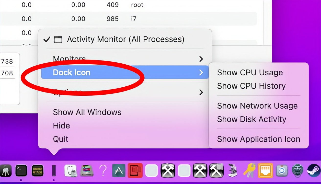 Control-click the Activity Monitor icon in the Dock.