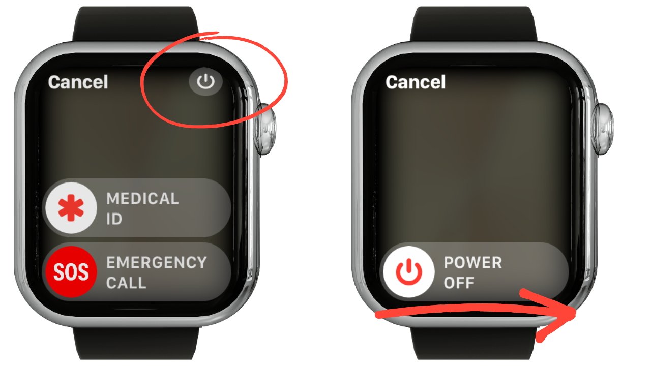 Left: Tap on the Power Off button. Right: Swipe right to turn off your Apple Watch.