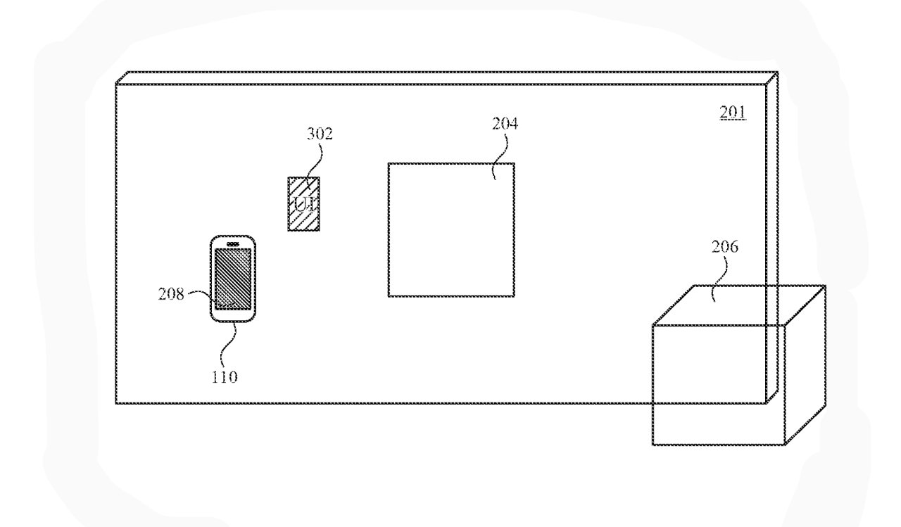 Detail from the patent showing a headset view of superimposing a user interface onto a real-world device