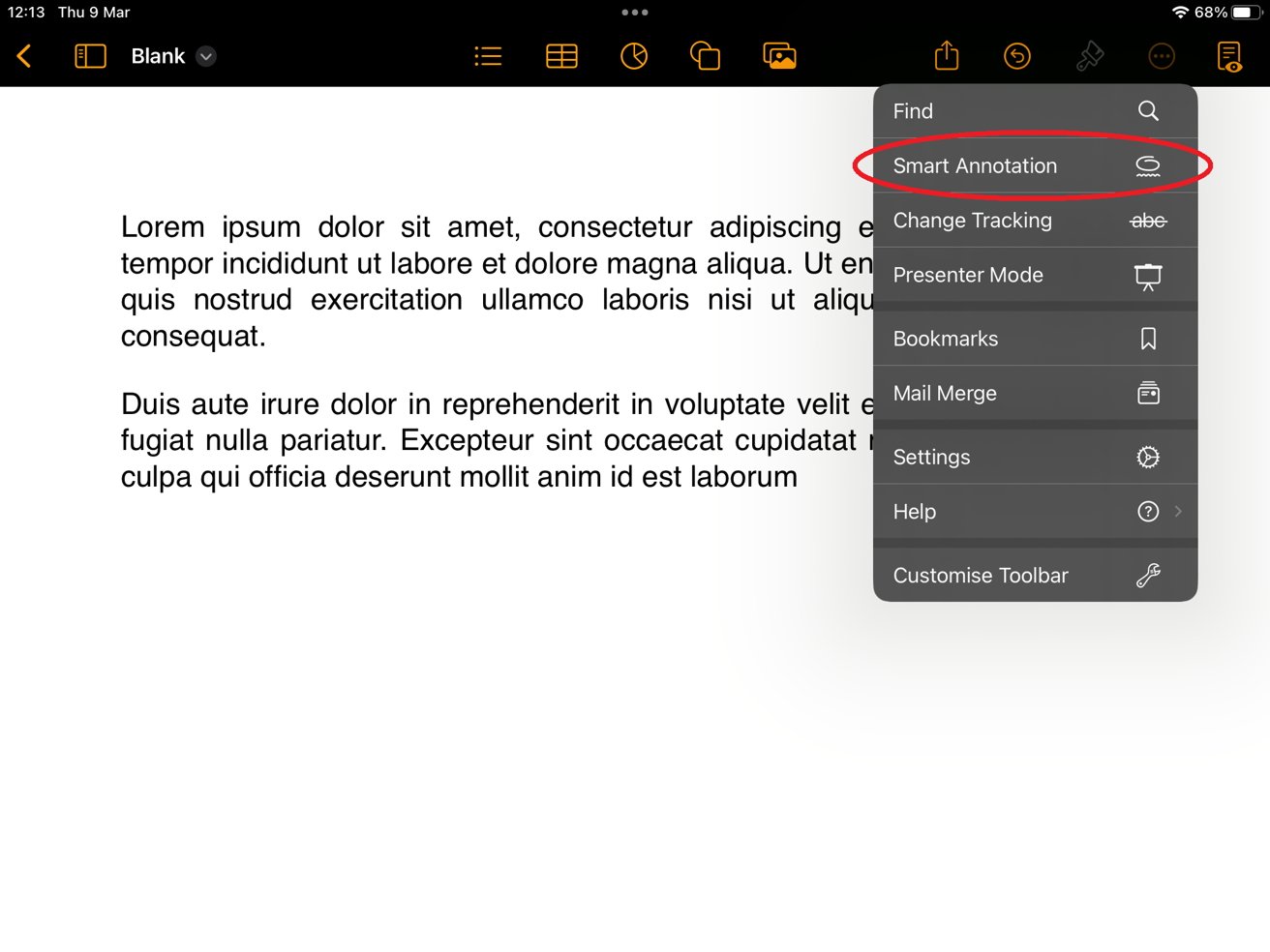 Where to find Smart Annotation in Pages.