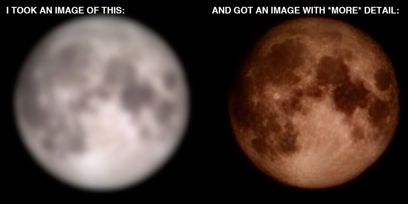 The low-res and blurry source image of the moon (left), and what a Samsung smartphone processes it as (right) [Reddit u/ibreakphotos]