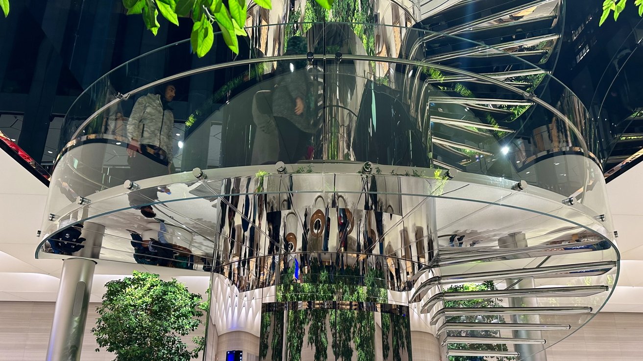 Peak of outside city buildings seen from the inside Apple Fifth Avenue