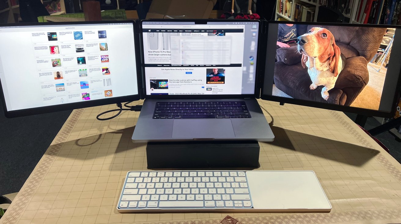 The Monduo 16-inch Pro Duo Display helps enable a triple-monitor layout.