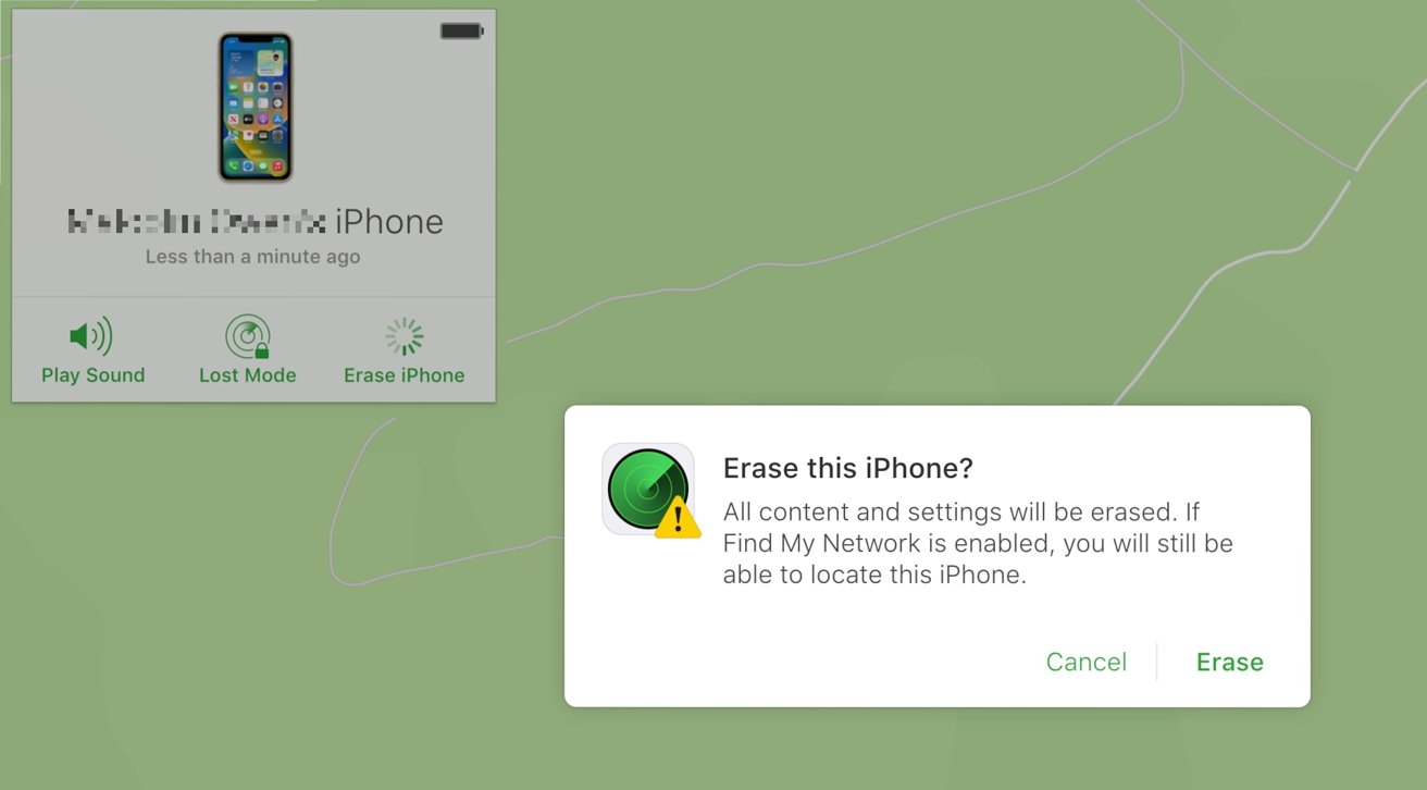 Erasing an iPhone via iCloud's Find My. 