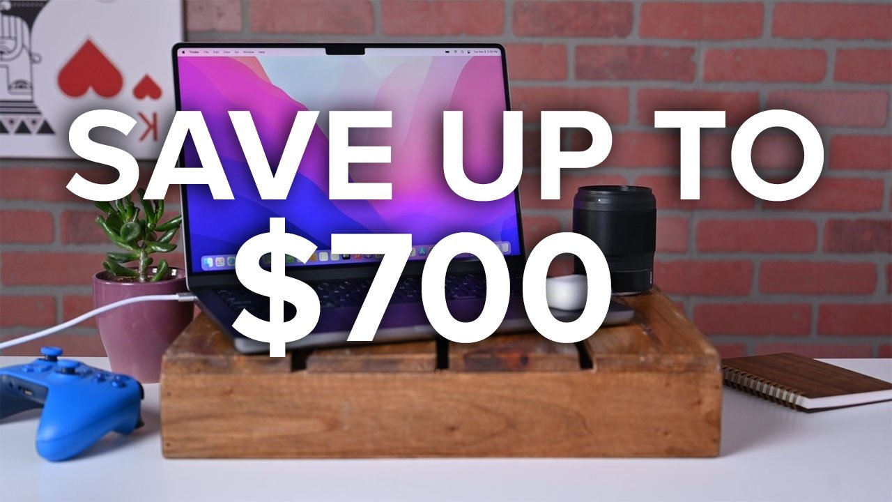 Save with blowout deals on MacBook Pro | 14-inch laptop on desk with AirPods