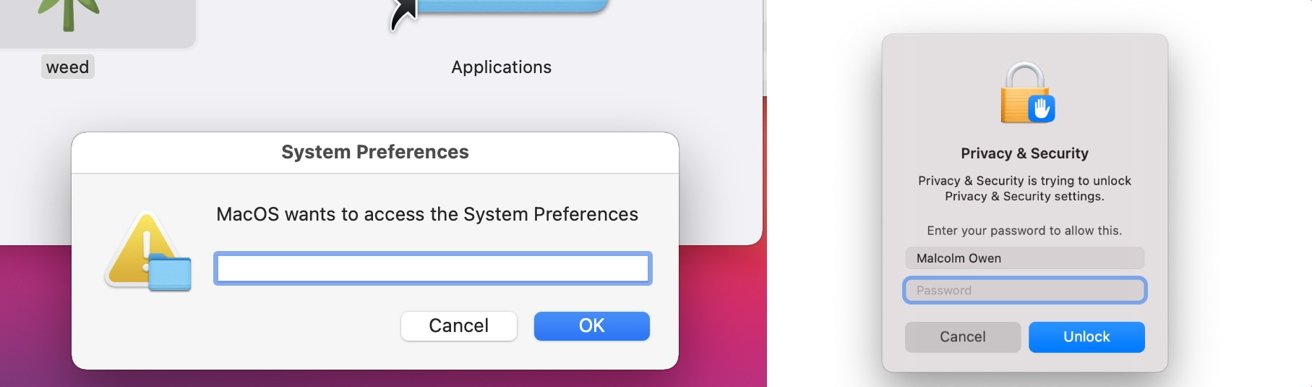 MacStealer's fake macOS password prompt [left], a genuine macOS password prompt [right]