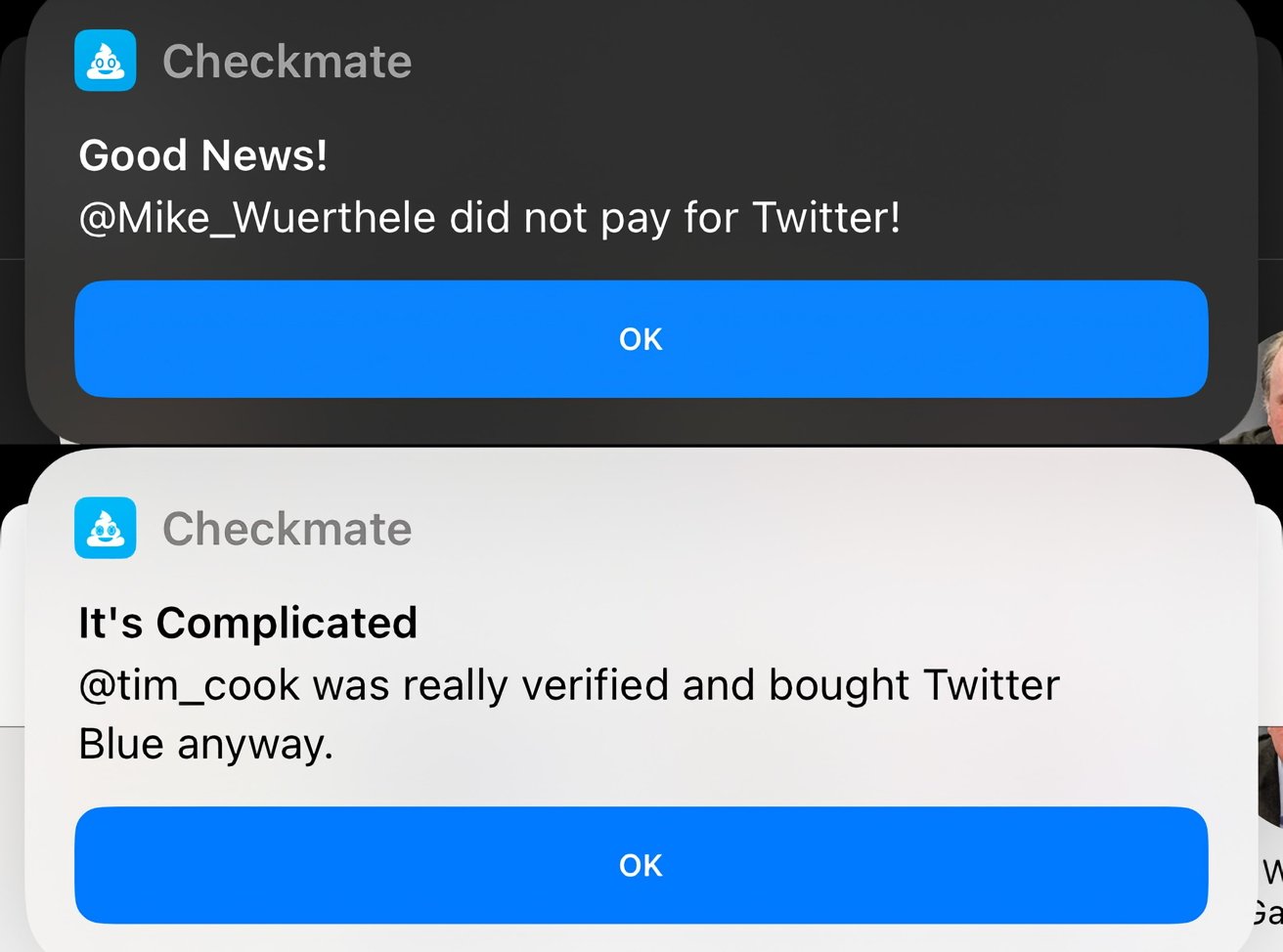 An example of how Checkmate reports Twitter checkmark statuses