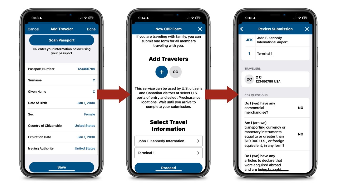 Entering information in the CBP's MPC app for entry into the United States