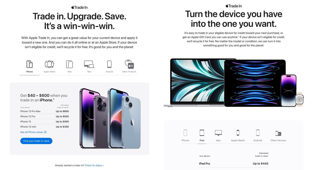 The new Apple Trade In page (left) and the previous version (right)