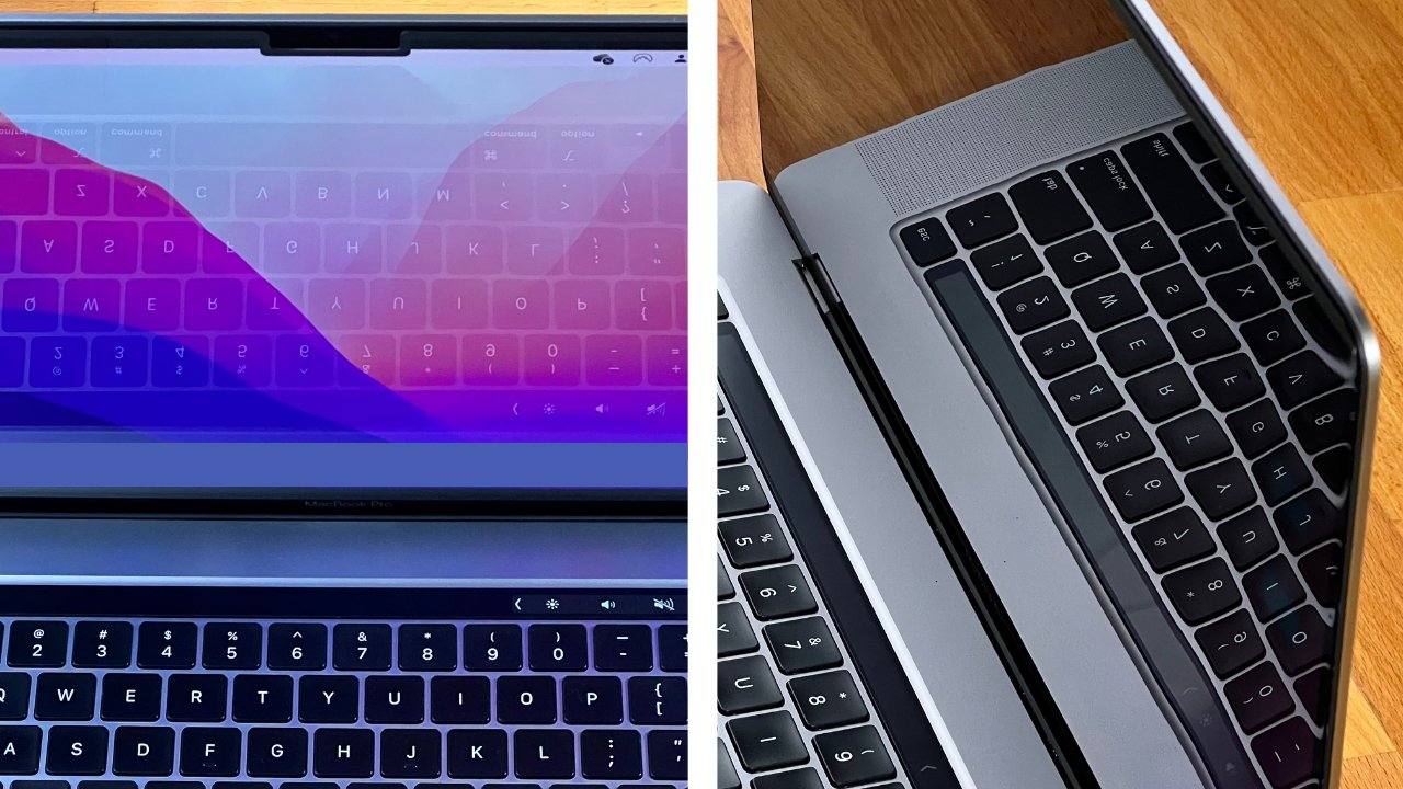 Сравнительные фотографии, показывающие защитную пленку Casetify для MacBook с одинаковой яркостью, под разными углами