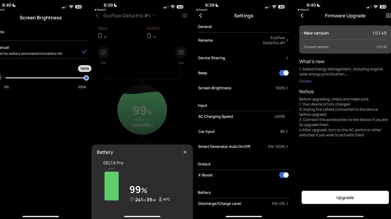 Settings for Screen Brightness, Battery Percentage, overall Settings panel, and Firmware Upgrades