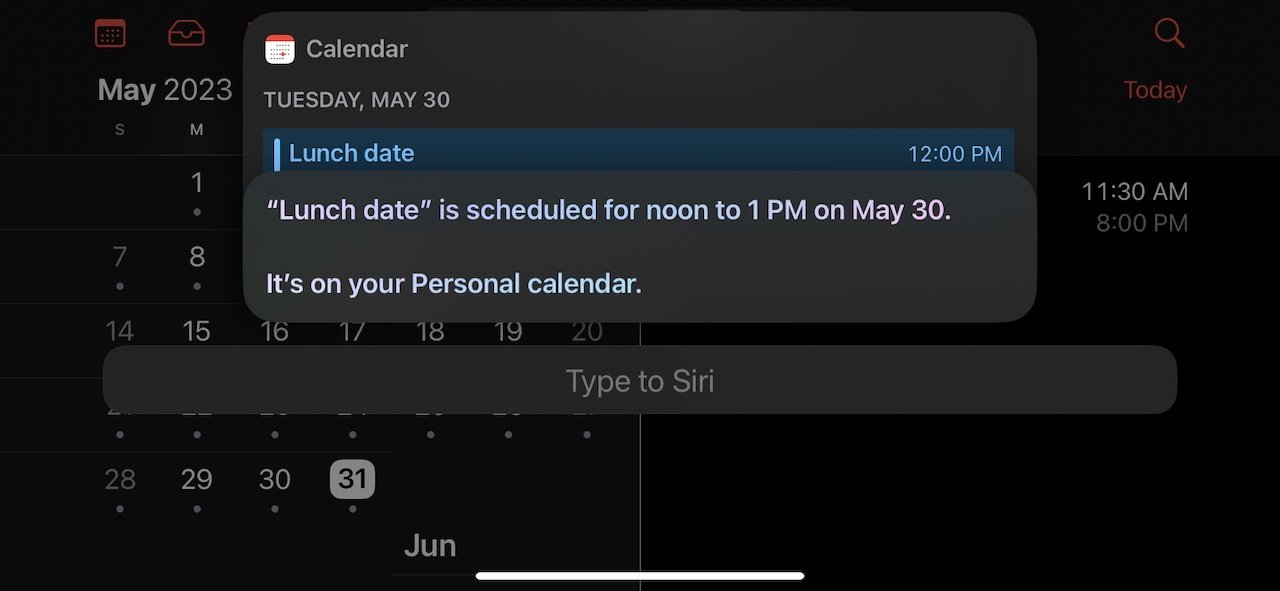 Siri moves the date to the 30th, and can't read existing events on the 31st.