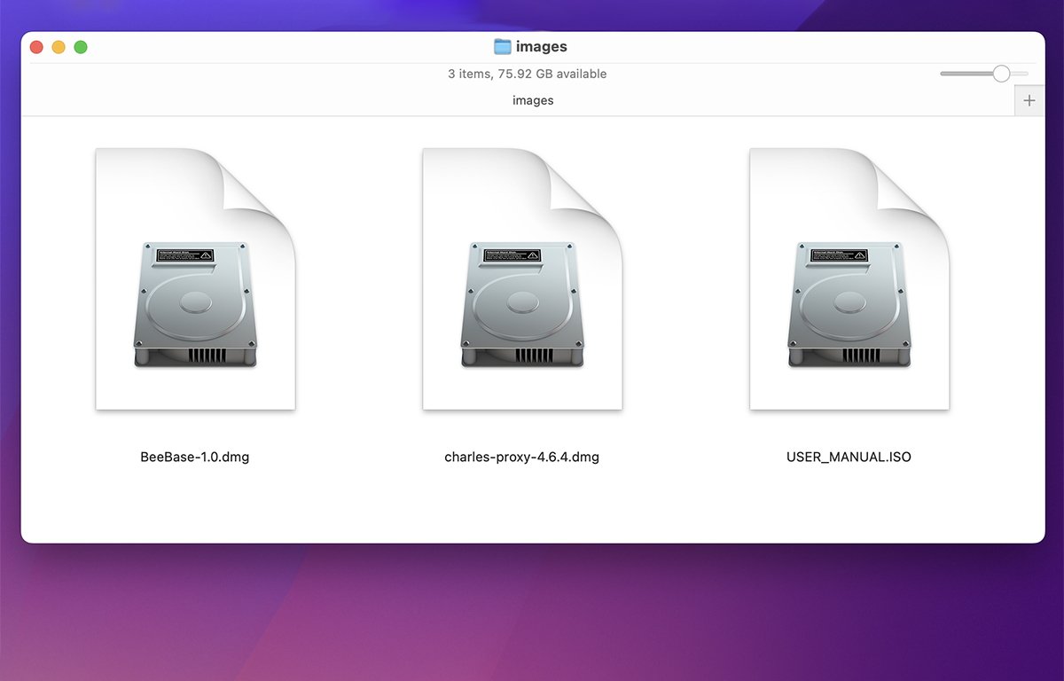 Sample disk images: two .dmgs, one .iso