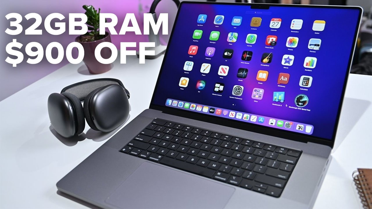 Get a MacBook Pro with 32GB RAM for $1,999 | 16-inch MacBook Pro on desk with AirPods Max