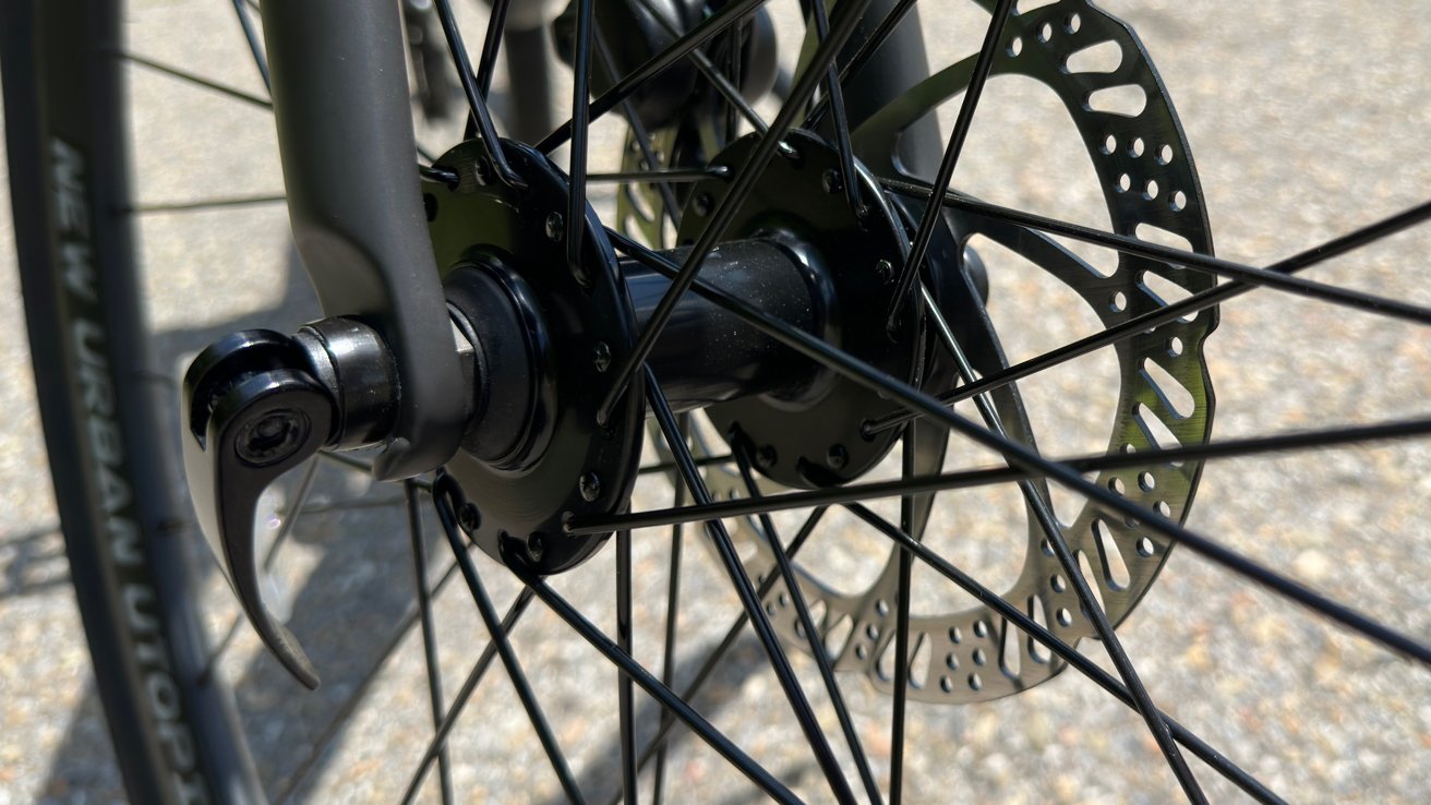 The front tire's quick release mechanism makes removing the tire simple