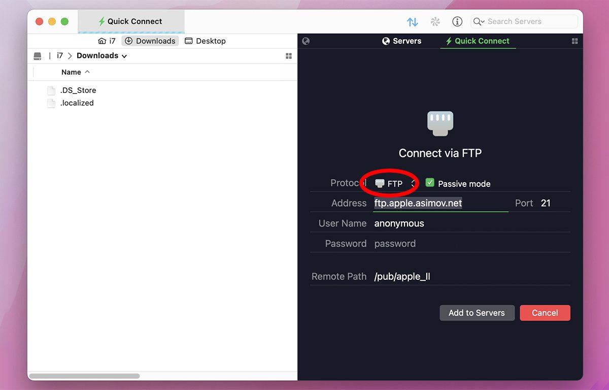 Set protocol, server name, user, and password, and Passive Mode in Transmit's connection window.