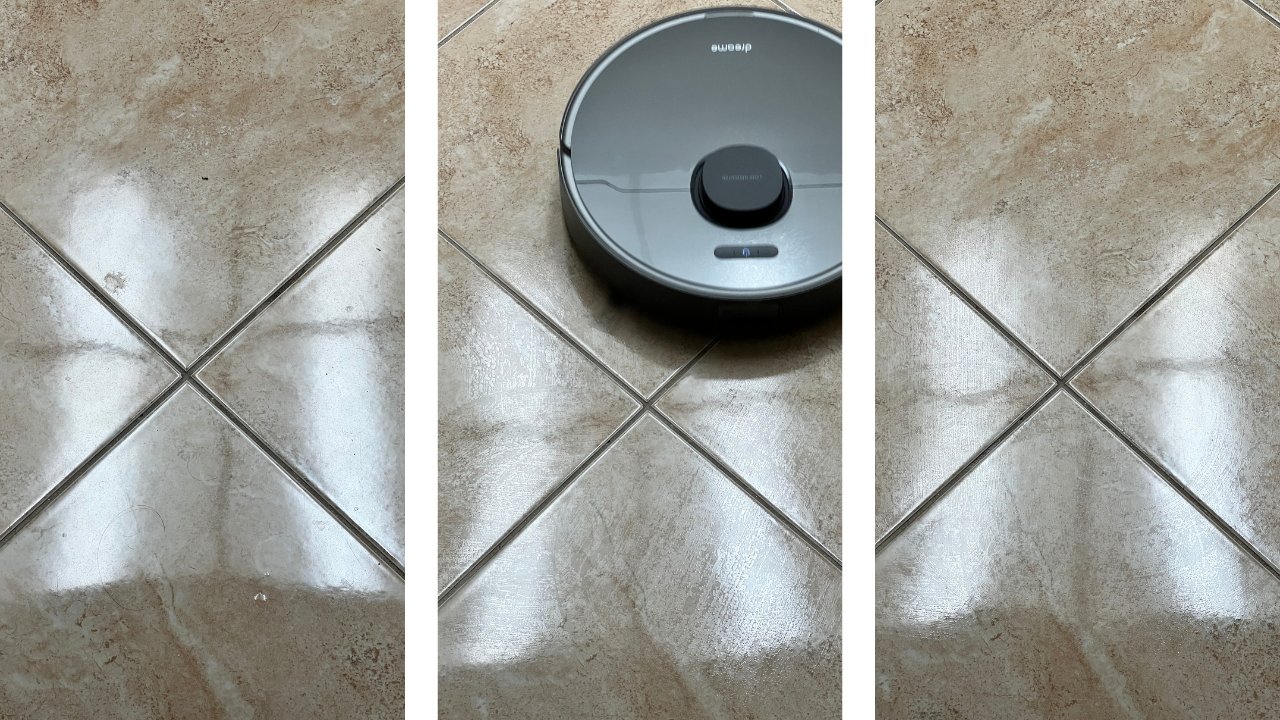 Comparison photos of before, during, and after vacuuming and mopping