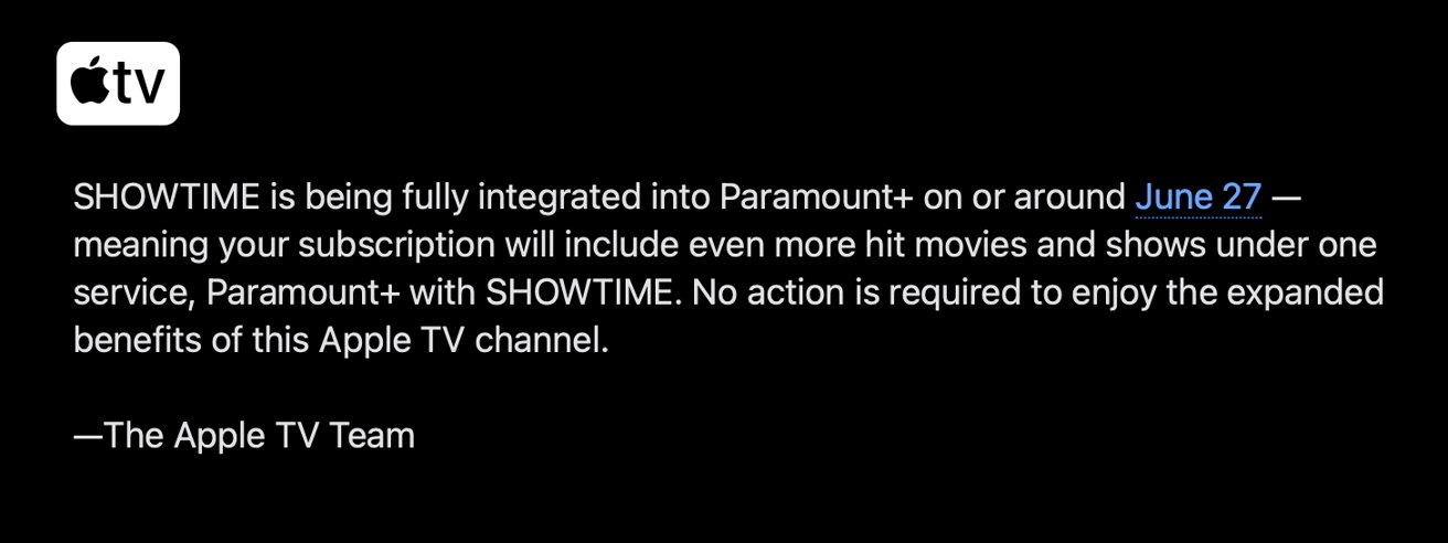 Apple TV's email confirming Paramount+ With Showtime integration