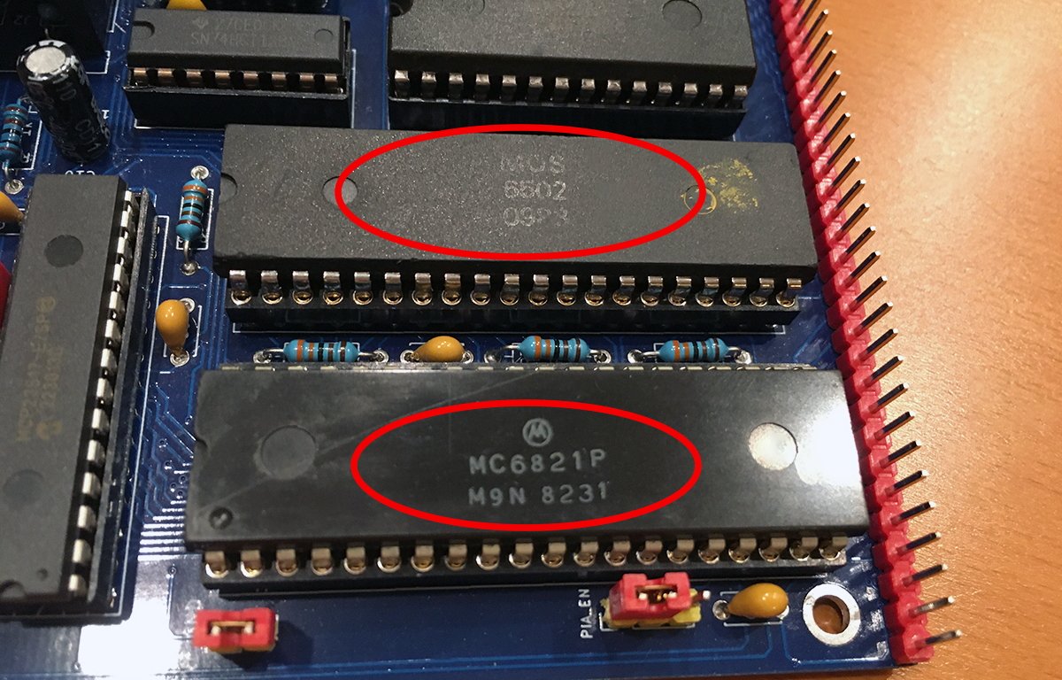 6502 CPU and Motorola MC6821P PIA chip. A MC6822P may also work.