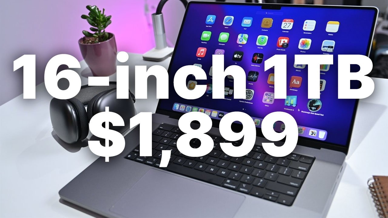 Save $800 on the 1TB MacBook Pro | Apple 16-inch laptop on desk with AirPods Max