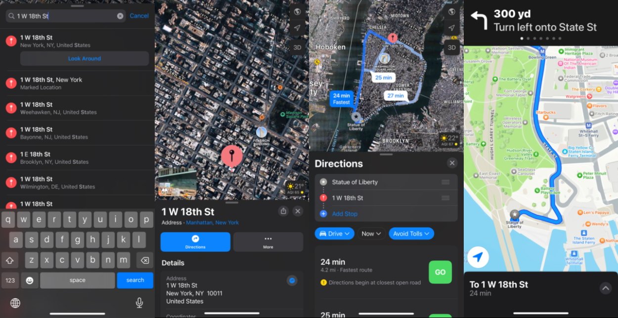 From left to right: How to get directions in Apple Maps.