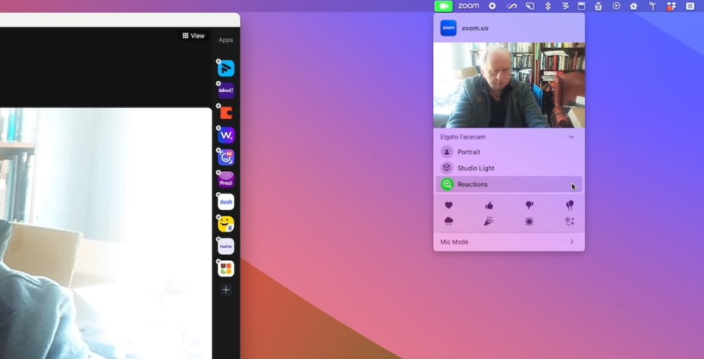 This menubar app changes depending on the app, but with Zoom, it offers Reactions in a panel at the bottom
