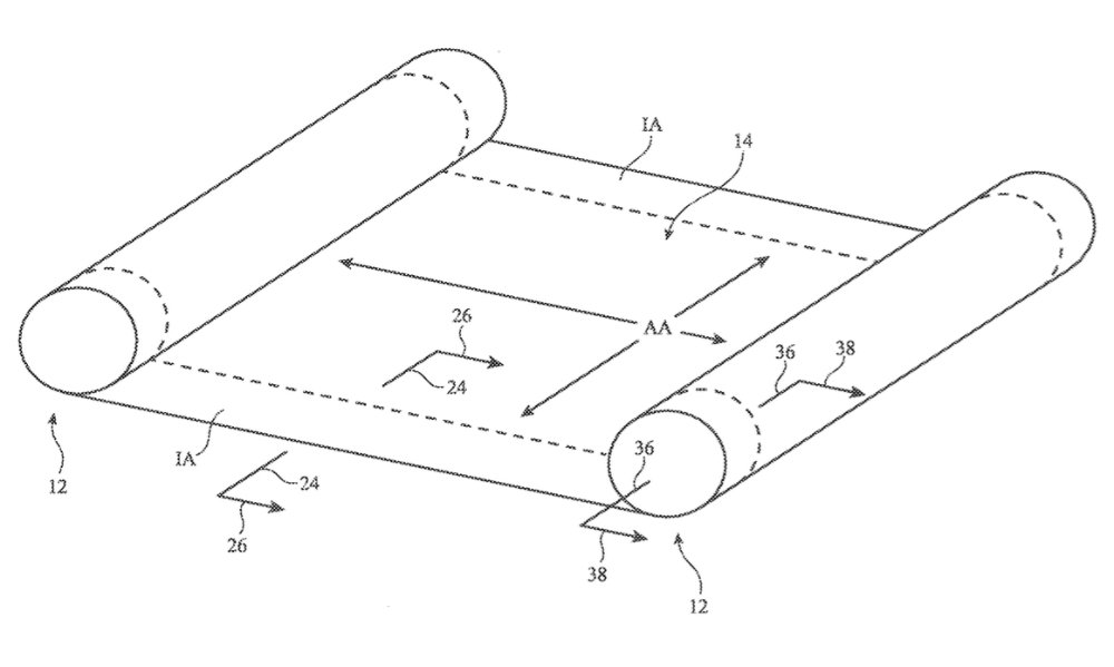 Detail from the patent showing one method of rolling out a screen between two rollers