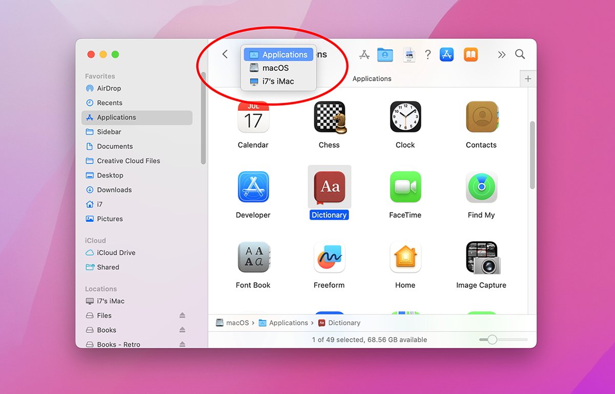 Path popup in Finder window Toolbars.