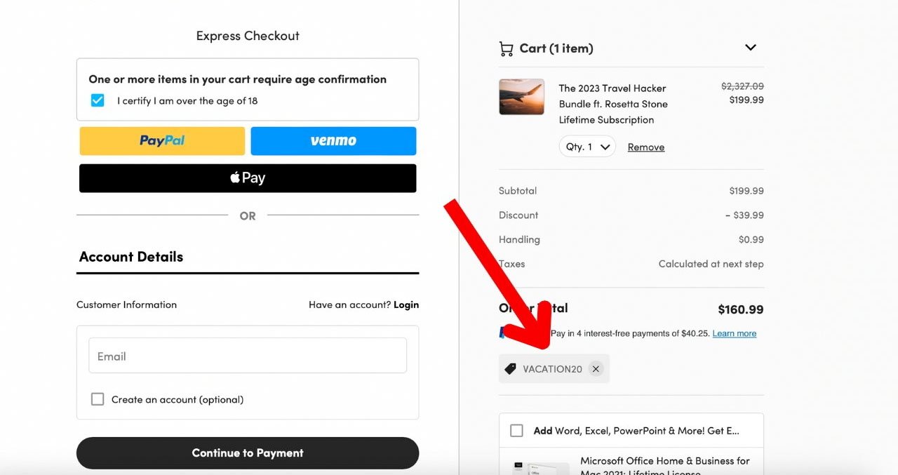 Screenshot of adding the coupon code during checkout.