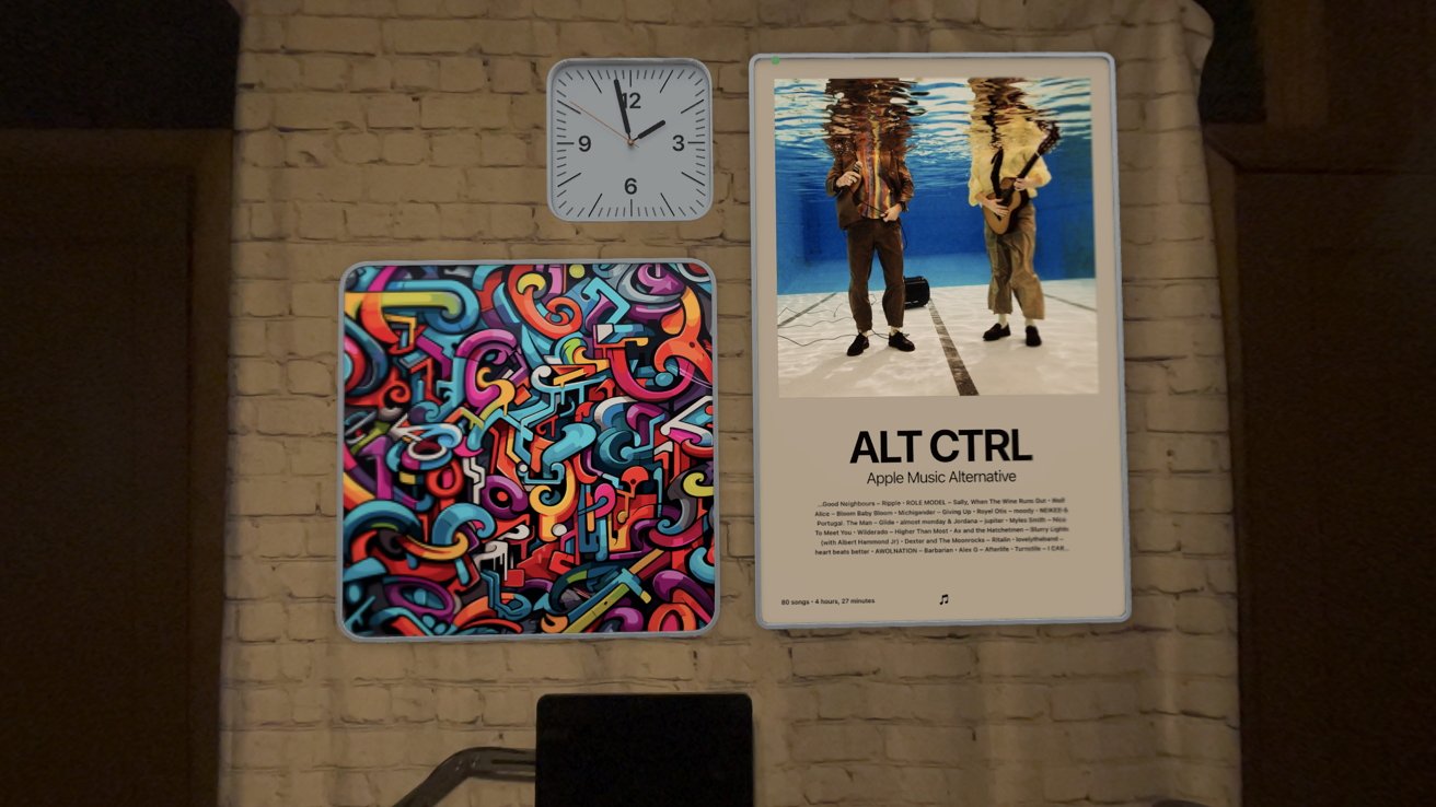 Brick wall with a colorful abstract artwork, a black and white clock, and a poster featuring underwater musicians labeled 'ALT CTRL Apple Music Alternative.'