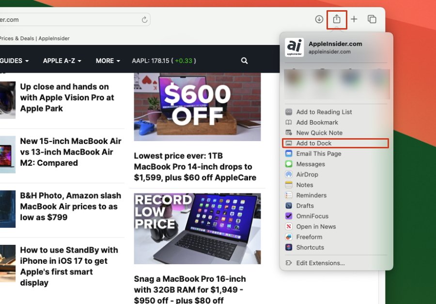 Click Share, choose Add to Dock, and then name your new webapp
