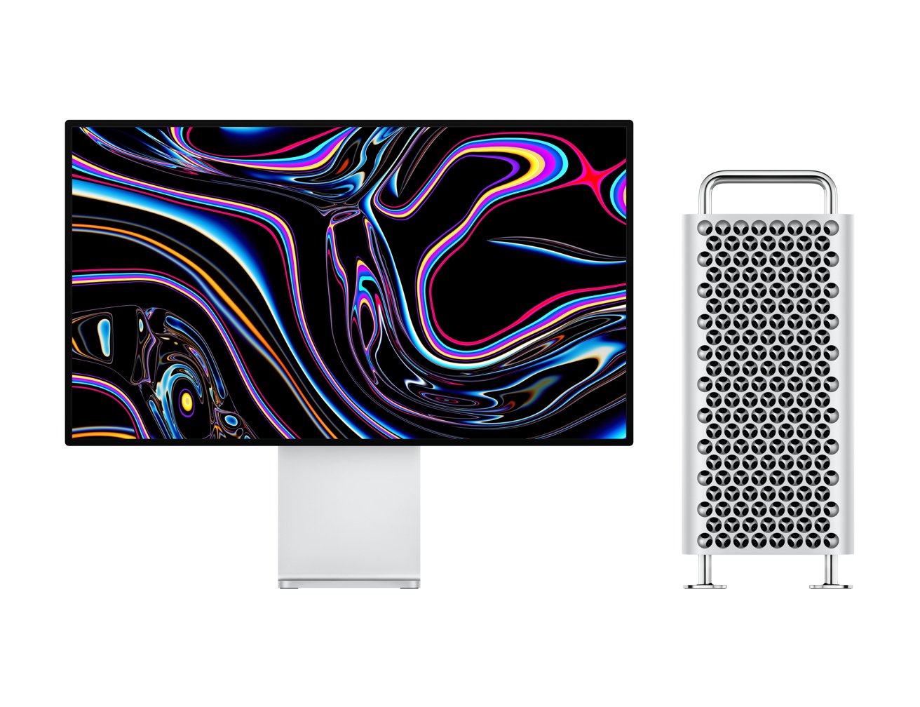 The Mac Pro is substantial in size, with its signature heat-managing frontage. 