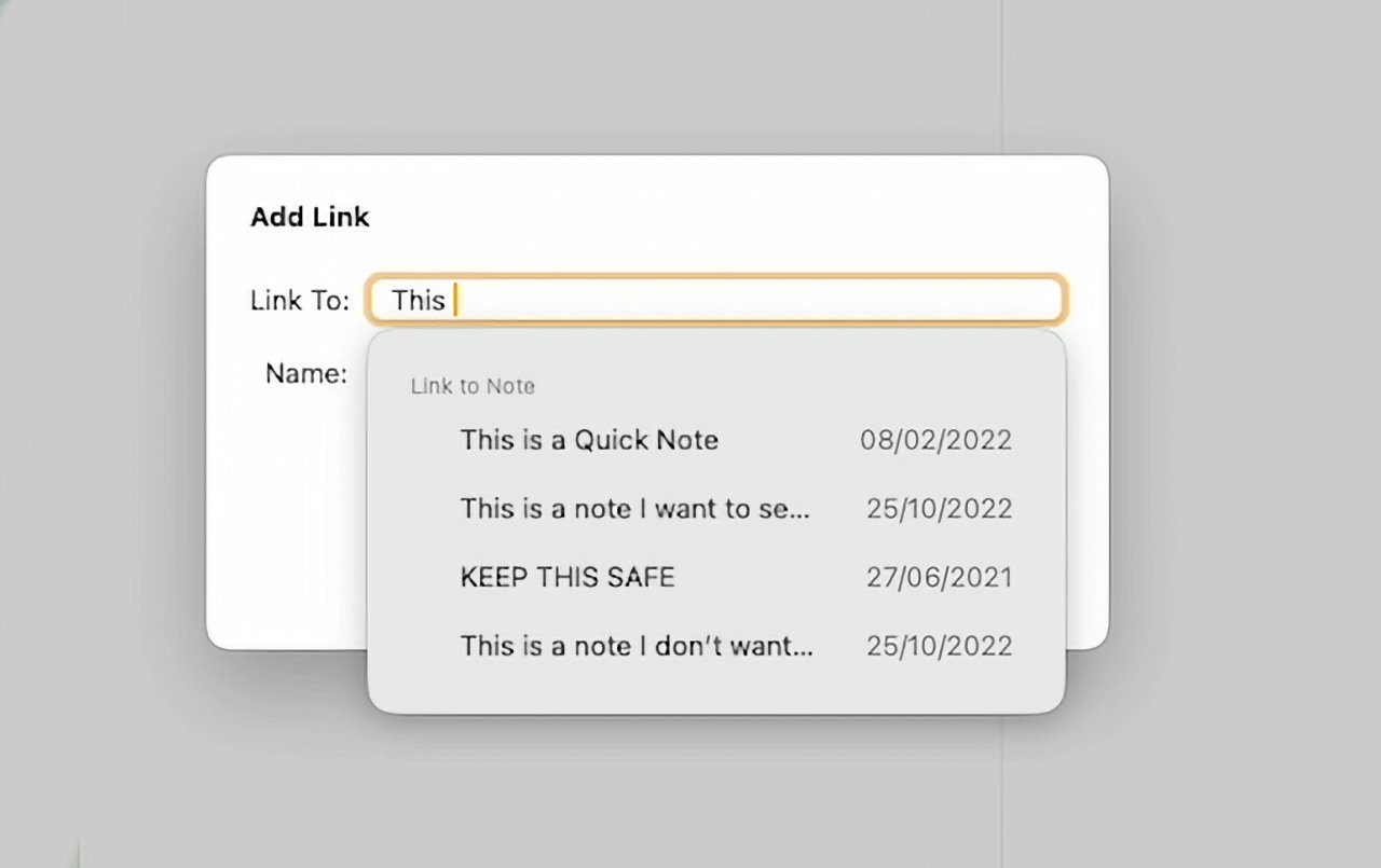 As you type a Note title, Notes finds the matching one to link to. You can also name the link here.
