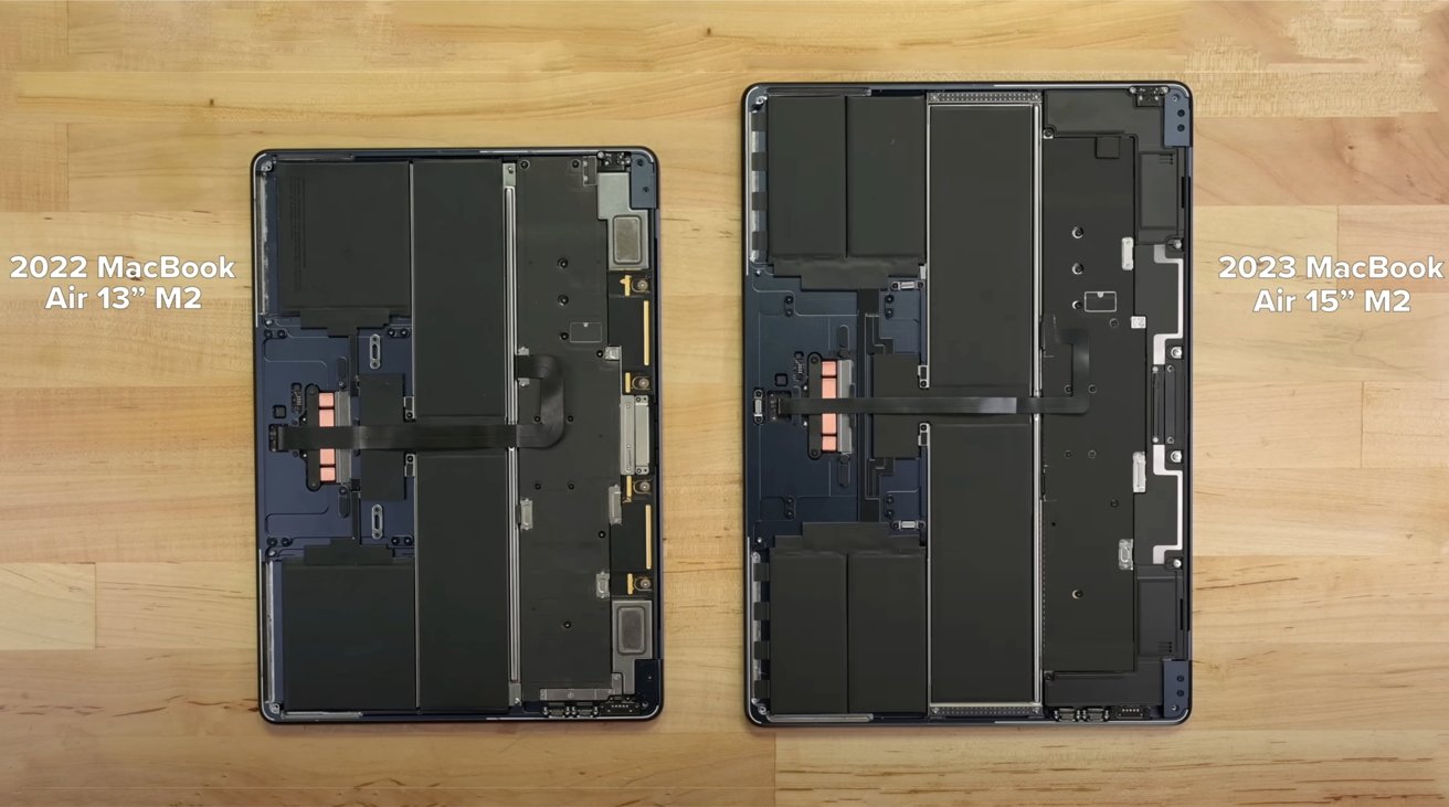 A disassembled 13-inch MacBook Air and a 15-inch MacBook Air [iFixit/YouTube]