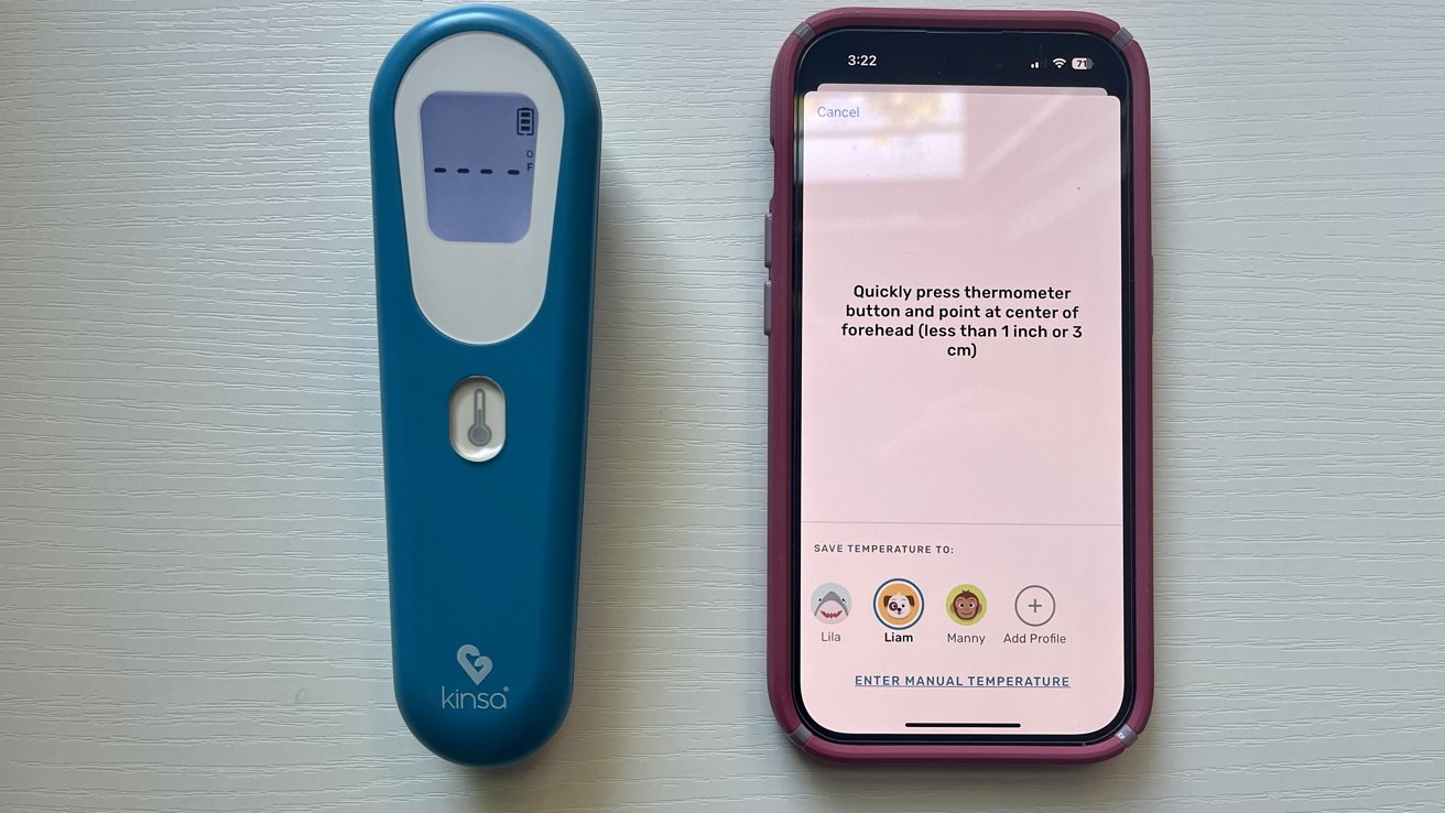 The Kinsa QuickScan thermometer speaks to the app, which guides you through the temperature taking process