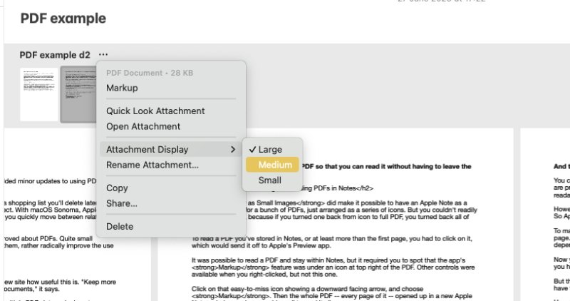 PDFs in Notes resize by themselves as you shrink or grow a window, but you can also choose from three basic sizes
