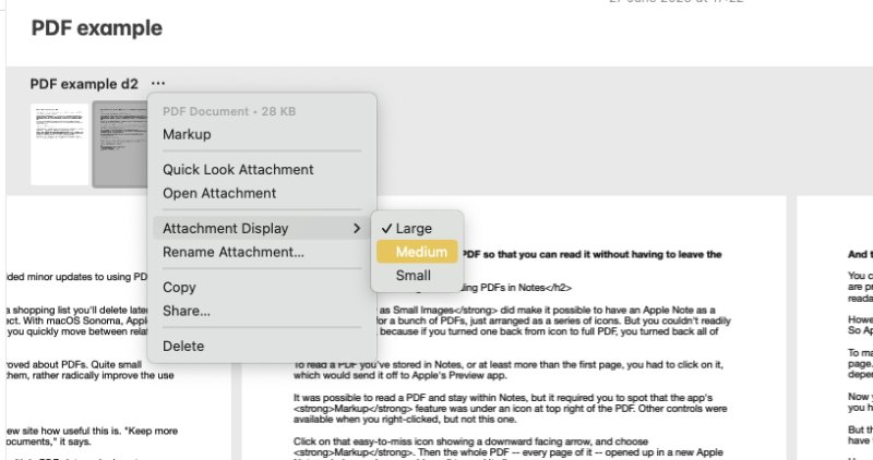 Les fichiers PDF dans Notes se redimensionnent d'eux-mêmes lorsque vous réduisez ou agrandissez une fenêtre, mais vous pouvez également choisir parmi trois tailles de base