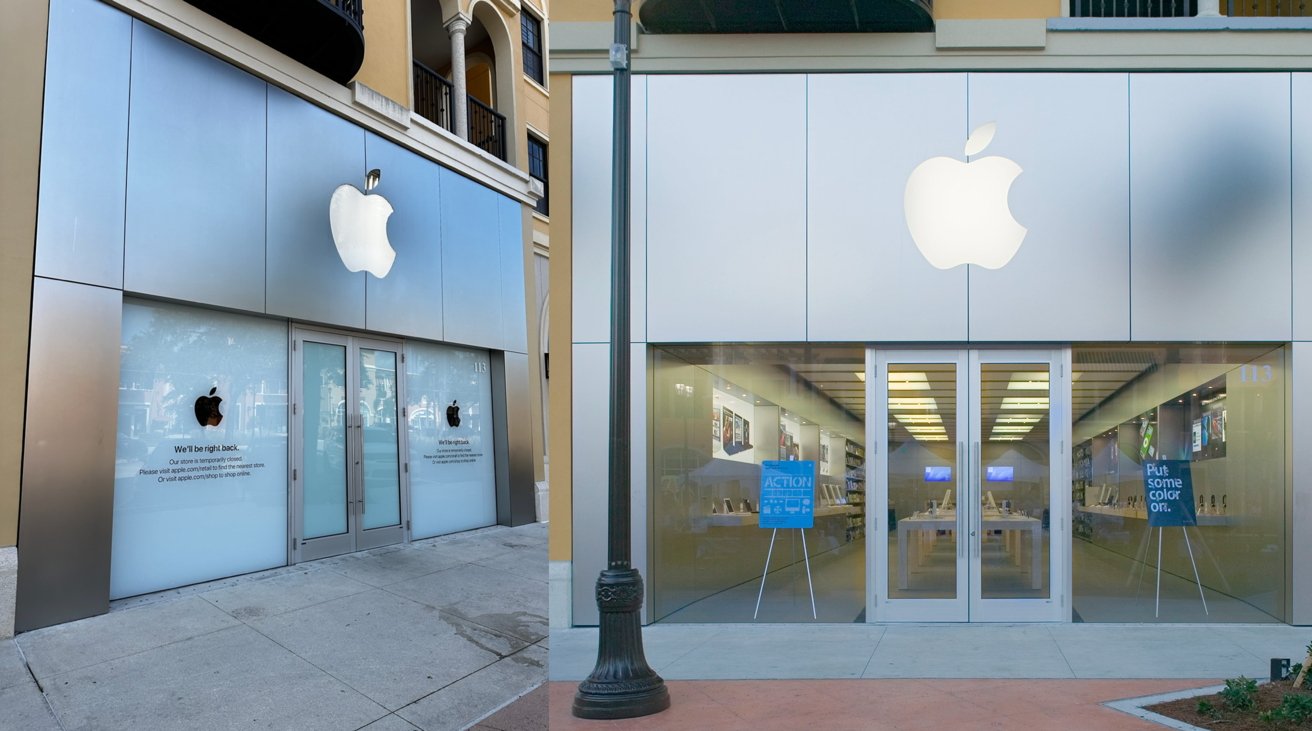Coconut Point Apple Store renovations [left, Jacob Eberhart], and Apple's store listing photo [right]