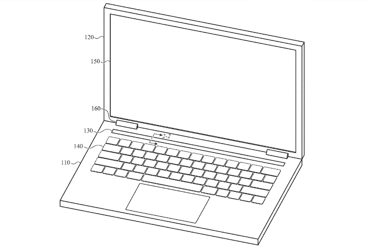 Detail from the patent showing region 130, which is clearly a Touch Bar, plus 150, which is the whole main display