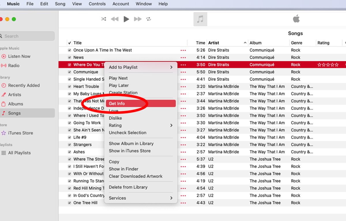 Music's Get Info window for editing file metadata.