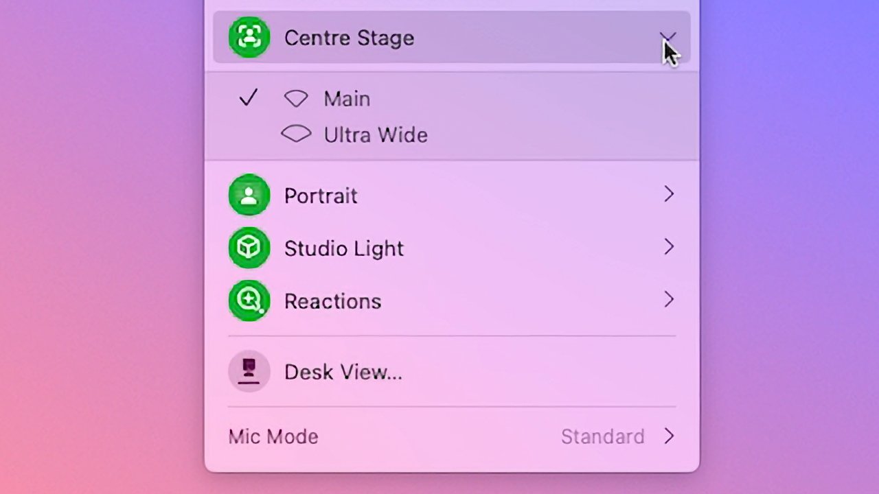 Click the arrow to the right of Center Stage to see more options, if available