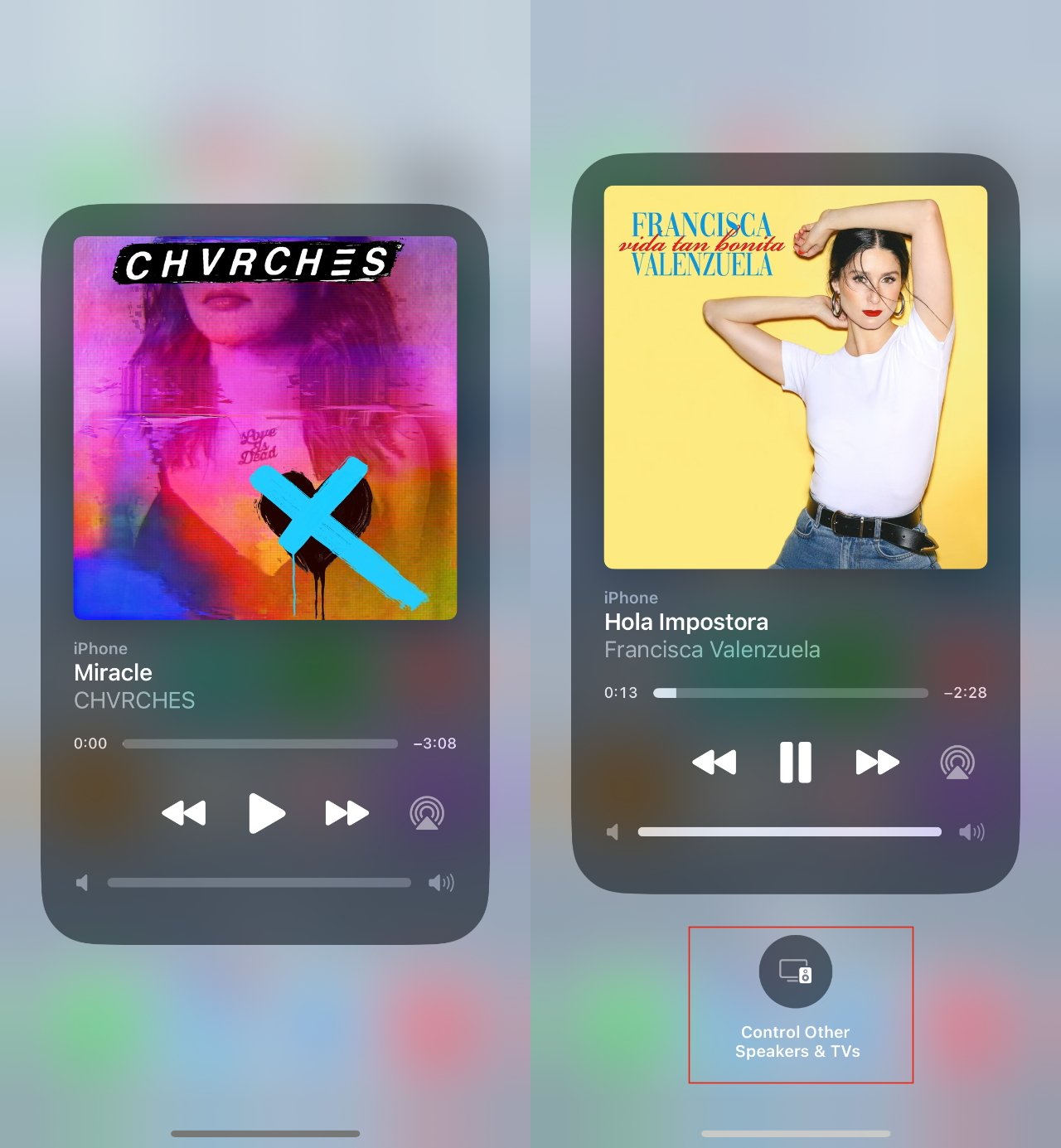 Tap away from the top right music icon and you do get more options &mdash;  which vary depending on what devices are around you &mdash;  but not AirPods control