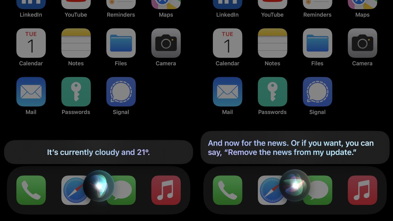 Siri gives a brief summary of each section, followed by a short news podcast.