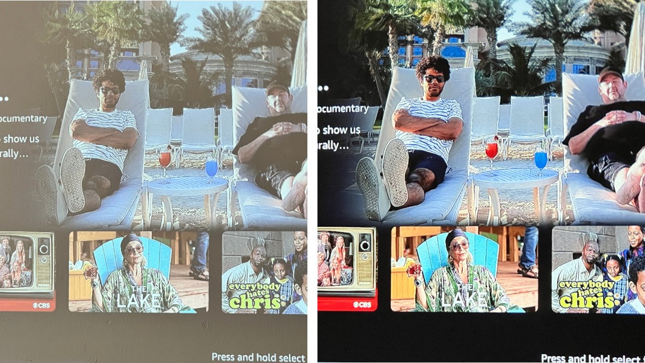 Comparison photos showing Amazon Prime Video in bright, sunny light and a dark room